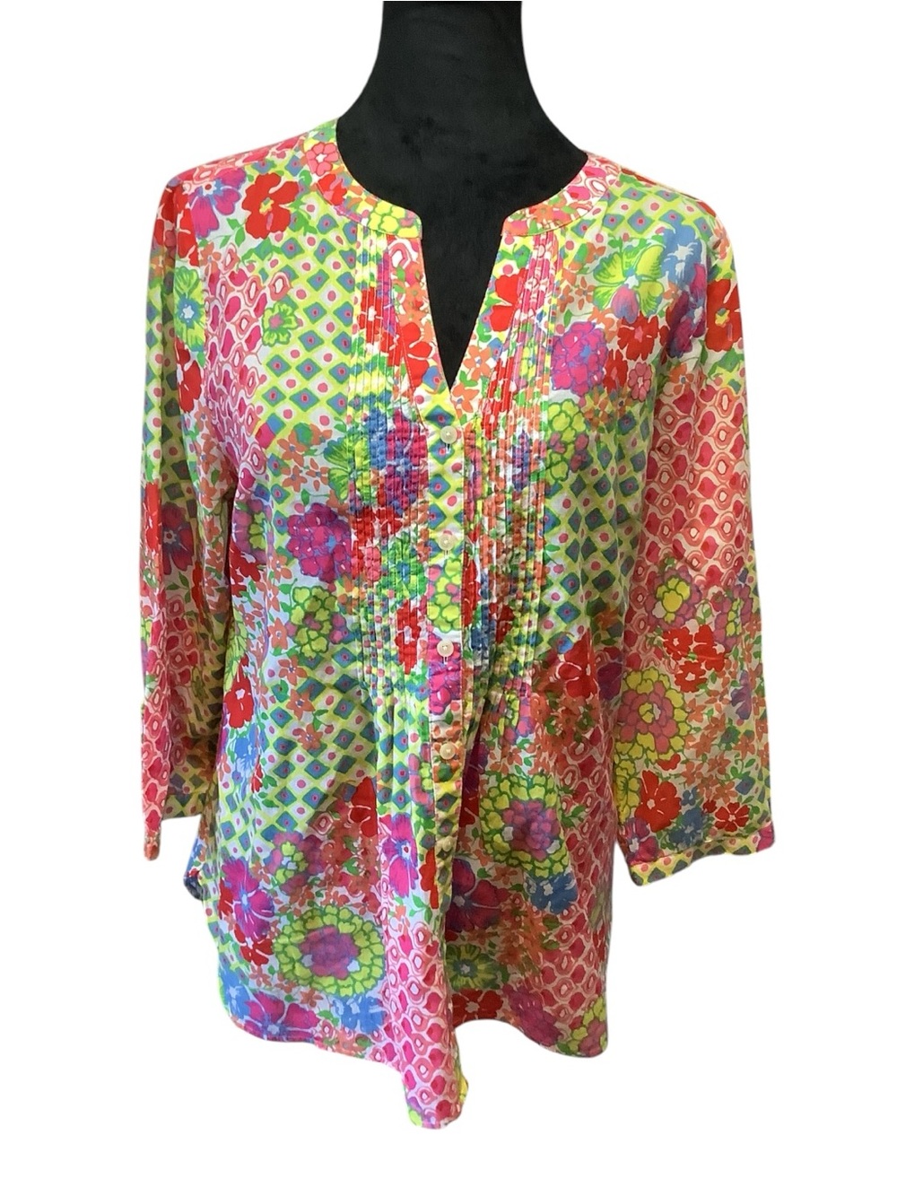 Talbots Women’s Bright Floral V-Neck Peasant Blouse – Size Medium